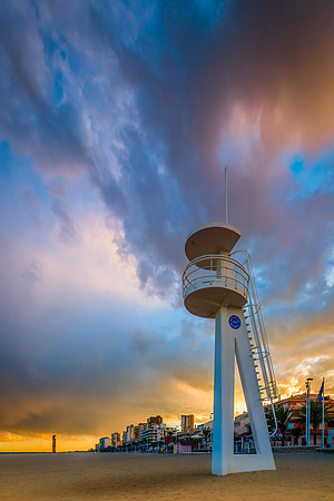 Lifeguard tower at sunset